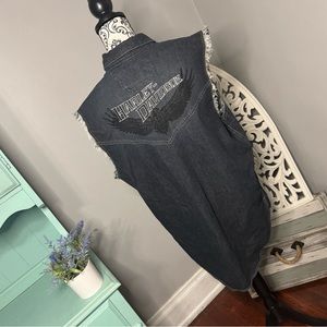 Harley-Davidson Fringe Embroidered Logo Button Down Denim Vest Medium Dark Wash